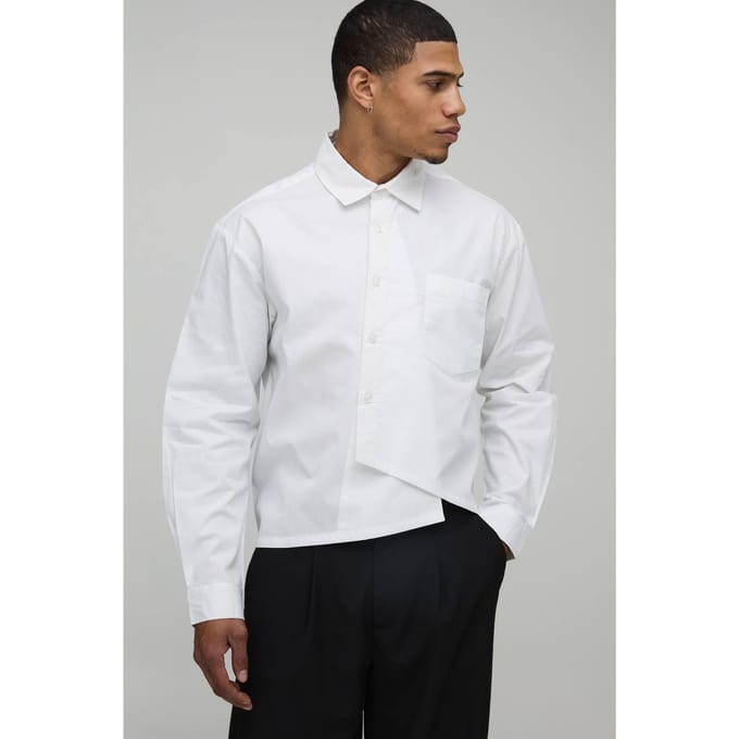 Oversized Boxy Asymmetrisch Knoopslijst Poplin Overhemd | White | Size XS