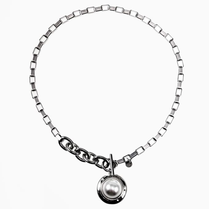 Dottilove Ketting Dames - RVS Plated - Ketting met Witte Parel - T-sluiting - Choker