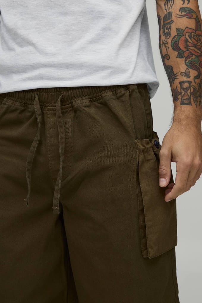 Baggy Fit Cargobroek Met Elastische Tailleband En Balg Zakken | Olive | Size Medium