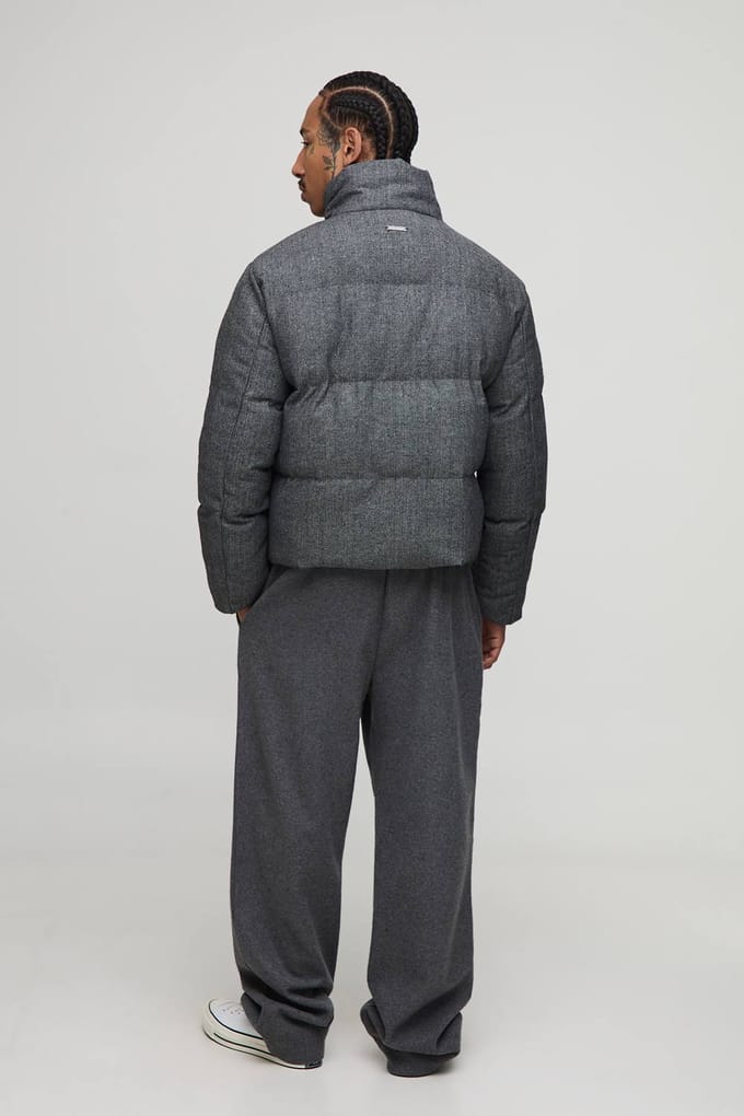 Boxy Fit Check Funnel Neck Puffer Jacket | Grey | Size Medium