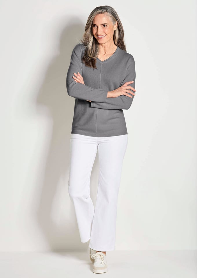 Pullover van kasjmier met V-hals - grijs / gemêl. - Gr. 44 van Goldner Fashion