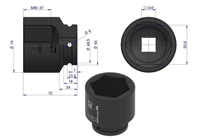 Slagmoersleutel 3/4" 52mm CrMo DIN 3129 - WMU092