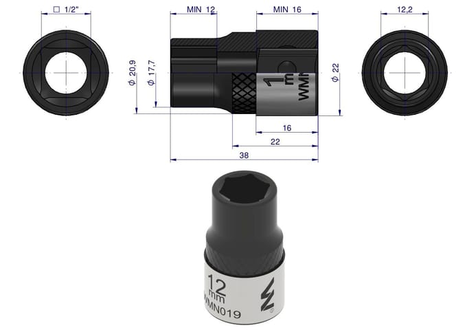 Dopsleutel 1/2" 12 mm CrV50BV30 DIN 3124