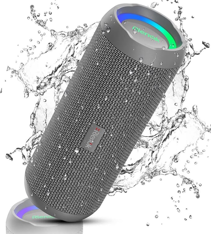 RIENOK Bluetooth Speaker with Light, Bluetooth 5.3, Music Box, Bass, Wireless Box with IPX7 Waterproof, Stereo Sound, Portable