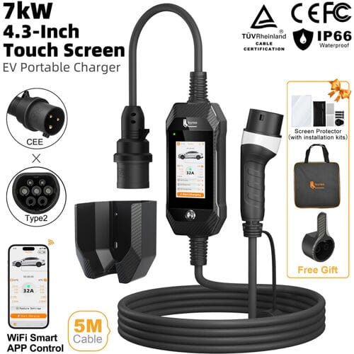 feyree Draagbare 7 kW EV-oplader Type 2 oplaadstekker 4,3-inch touchscreen met slimme wifi-app thuis EV-oplader professioneel ontwerp