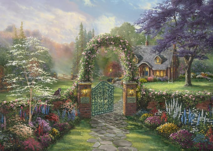 Schmidt legpuzzel Thomas Kinkade kolibri-huisje 1000 stukjes kunst.