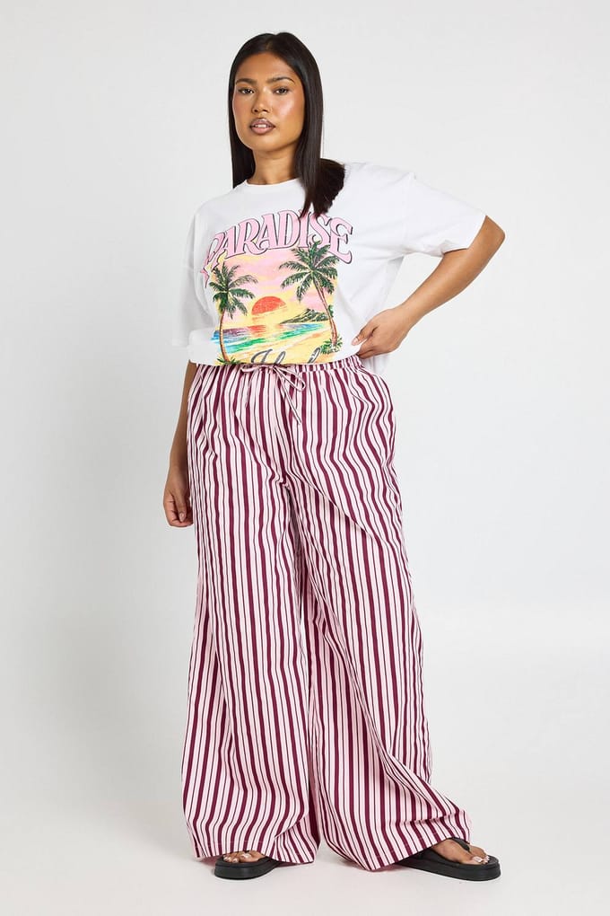 boohoo Dames Plus Gestreepte Poplin Wijde Broek Met Trekkoord | Roze | Maat: 48
