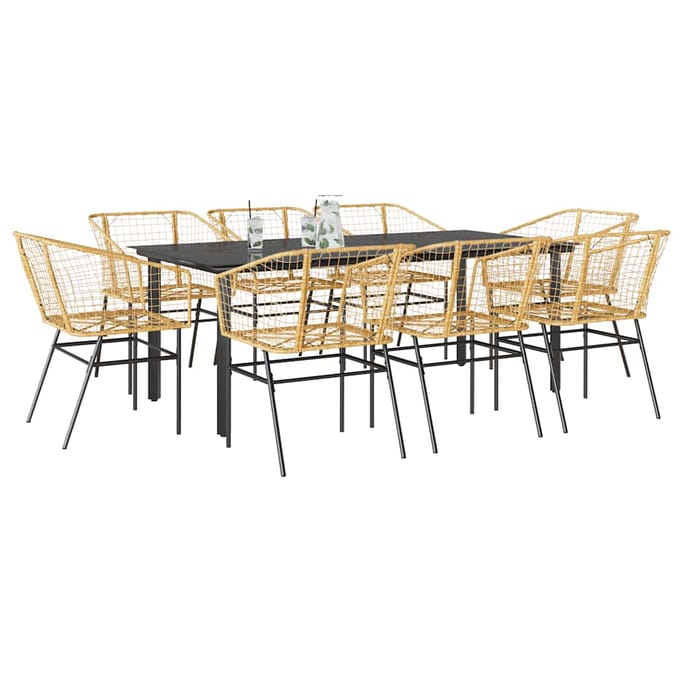 vidaXL - 9-delige - Tuinset - poly - rattan - glas - bruin