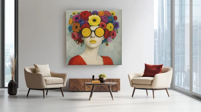 Vierkant Canvas Schilderij - Vrouw met Bloemen - Portret - Grijs - Wit - 60x60x2 cm