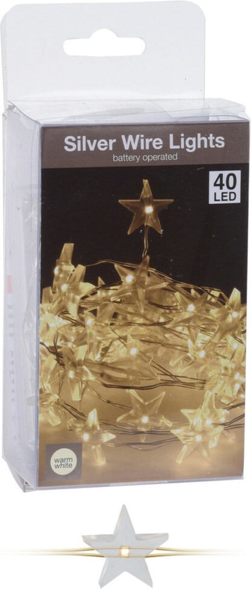 Draadverlichting Sterren 40 lampjes - warm wit - zilverdraad - 195 cm lang