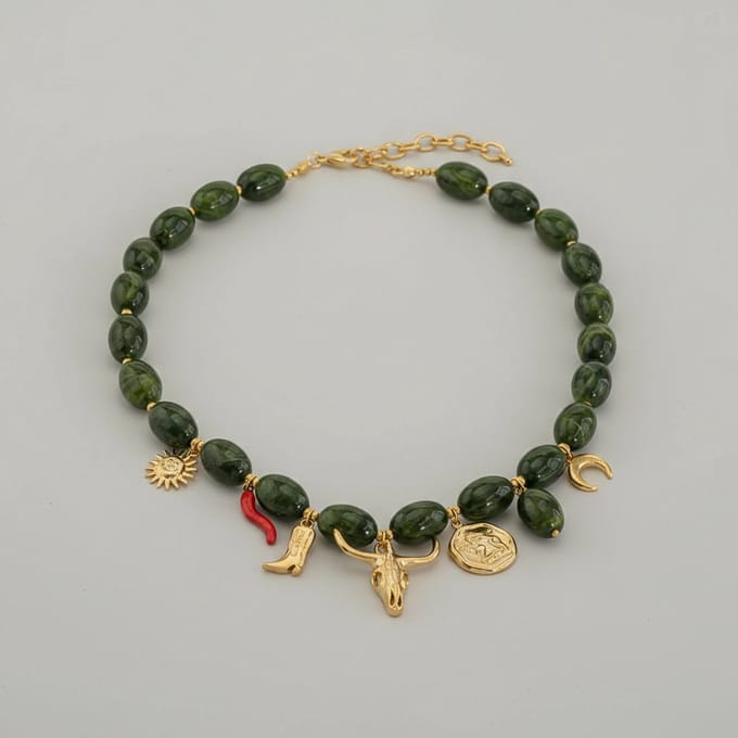 Dames Kralen Ketting met Bedels – Groen & Goudkleurig RVS – Boho Statement Ketting 47+5 cm