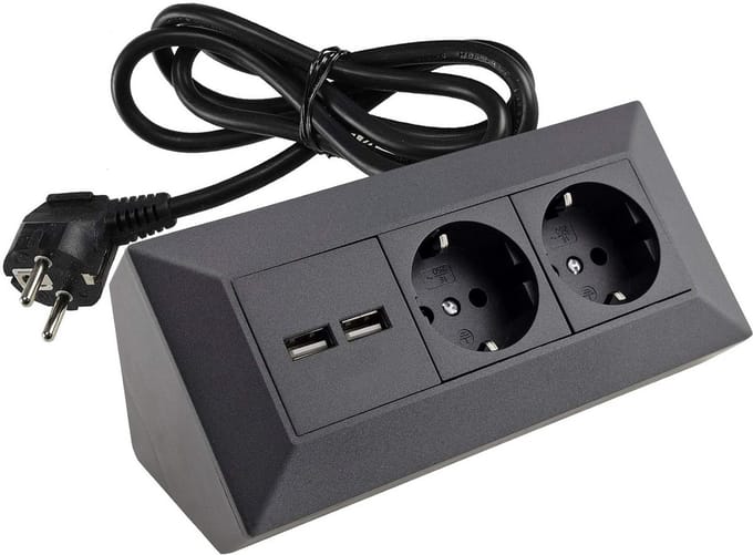 Hoekstopcontact met USB, 2-voudig, Geaard, 1,5 m Kabel