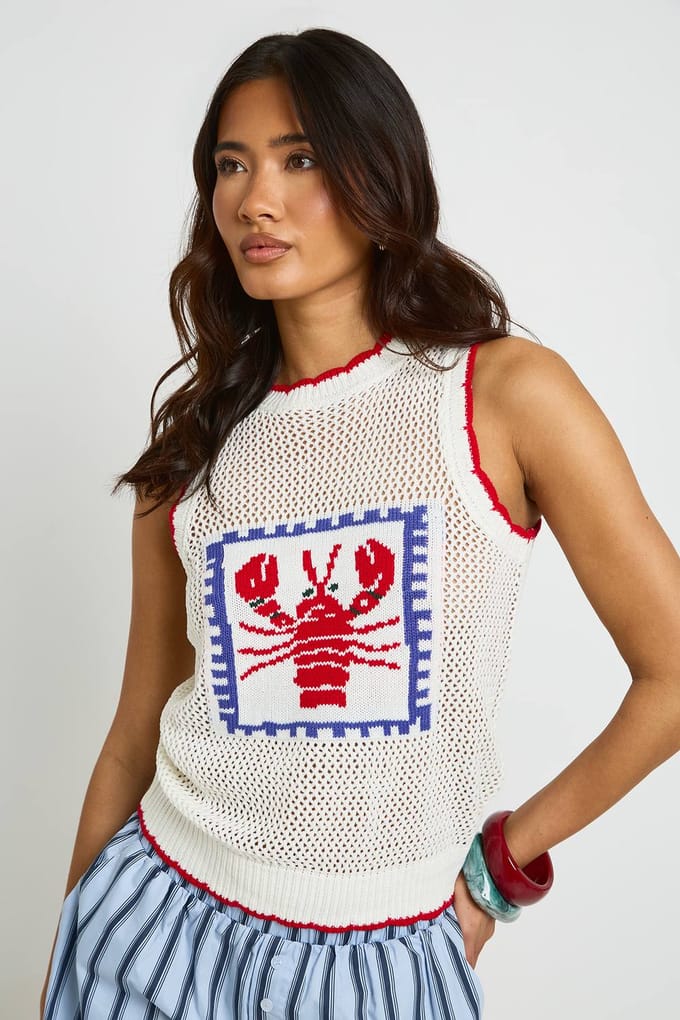 boohoo Dames Gehaakte Kreeft Print Gebreid Vest | Ecru | Maat: Small