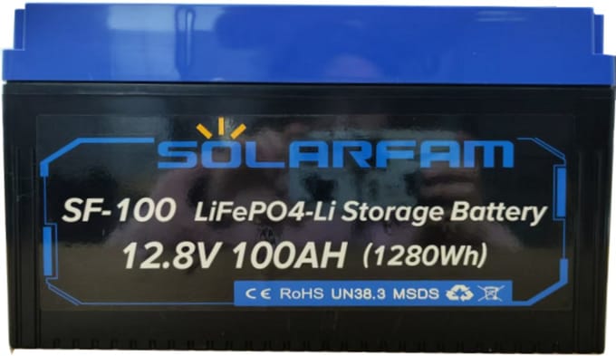 SF-100 12.8V 100AH ​​lithium battery - large capacity, safe and stable, with heating and Bluetooth connectivity, suitable for RVs, camping, and marine energy storage.