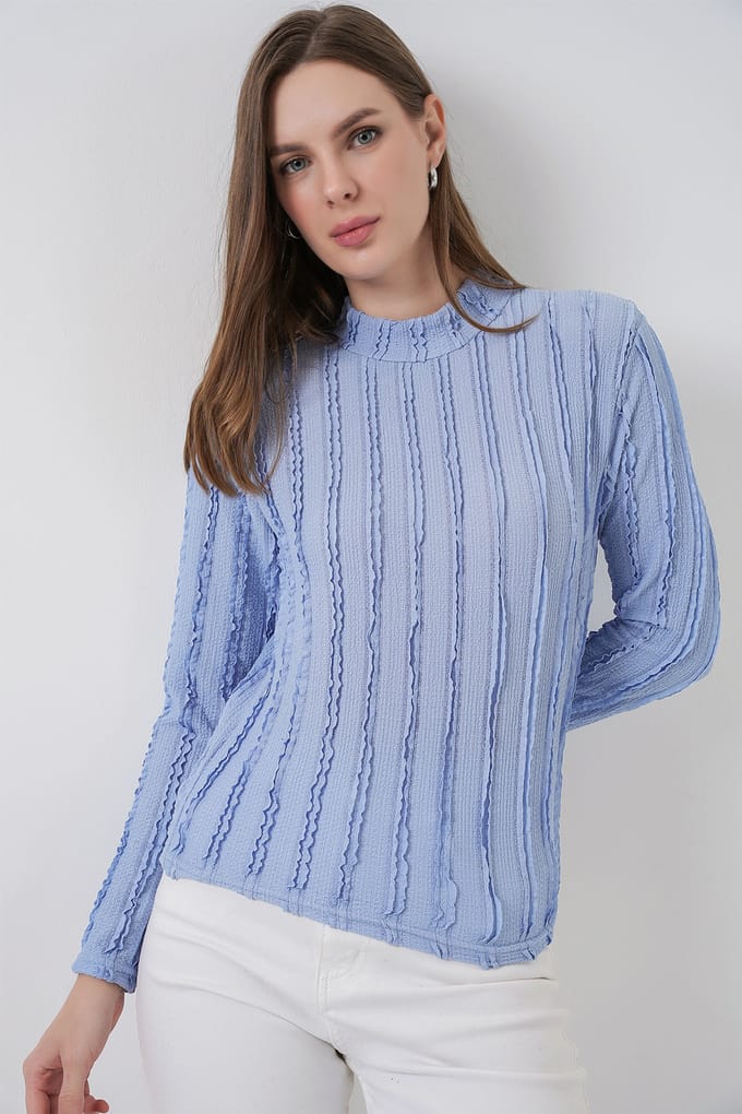 Gestructureerde Slim Fit Halflange Turtleneck Blouse