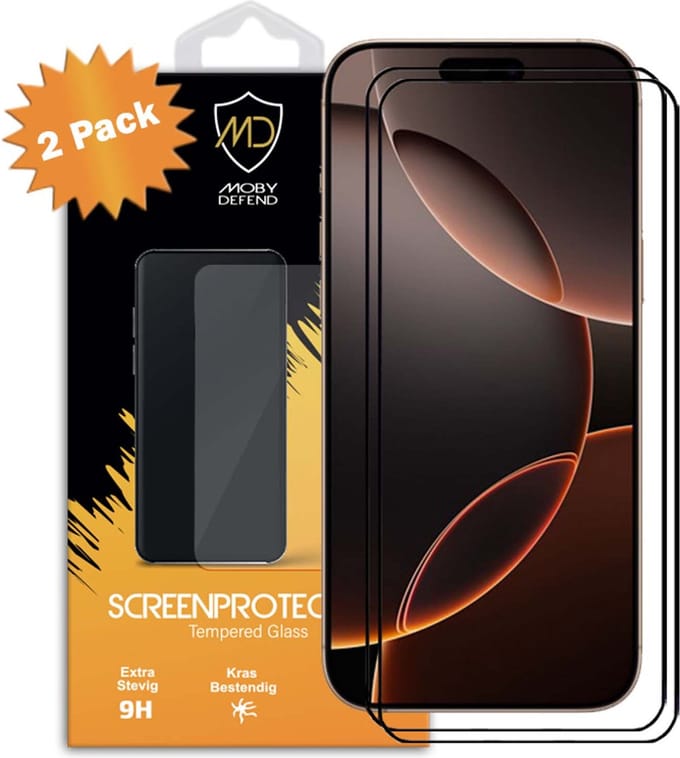 2-Pack MobyDefend Screenprotectors - Geschikt voor iPhone 16 Pro Max - Screensavers Met Zwarte Randen - Gehard Glas