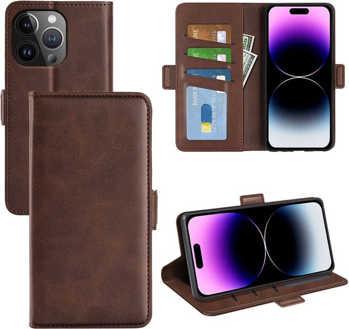 MobyDefend Hoesje - Geschikt voor iPhone 15 Pro Max - Luxe Wallet Book Case (Sluiting Zijkant) - Bruin