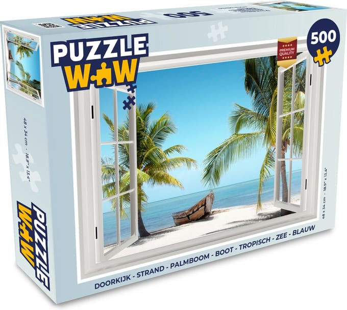 Puzzel Doorkijk - Strand - Palmboom - Boot - Tropisch - Zee - Blauw - Legpuzzel - Puzzel 500 stukjes