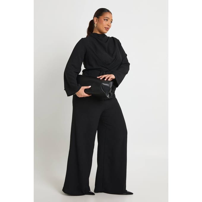 boohoo Dames Plus Geweven Draperende Lange Mouw Blouse & Broek Co-Ord | Zwart | Maat: 48