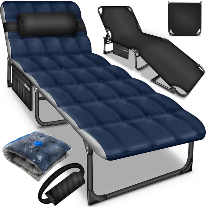 Campingbed Klapbaar - Veldbed Ligbed - Ontspannen Buiten - Geïntegreerd Hoofdkussen - 190 x 68 x 32 cm - Blauw Grijs