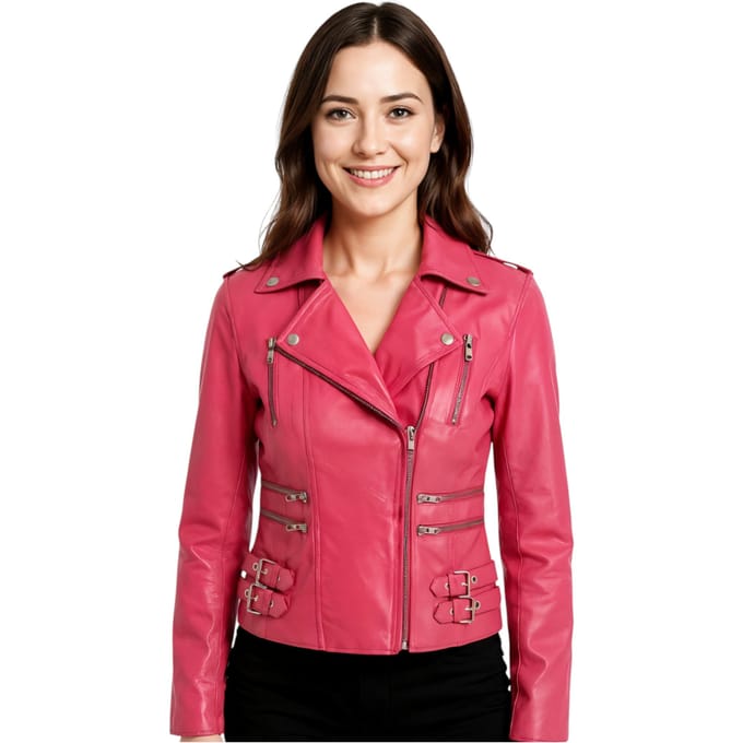 Dames leren fuchsia roze Brando bikerjack - Constantia