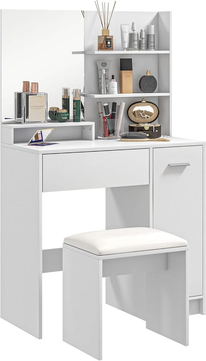 Moderne Kaptafel met Spiegel en Kruk voor Slaapkamer, Wit