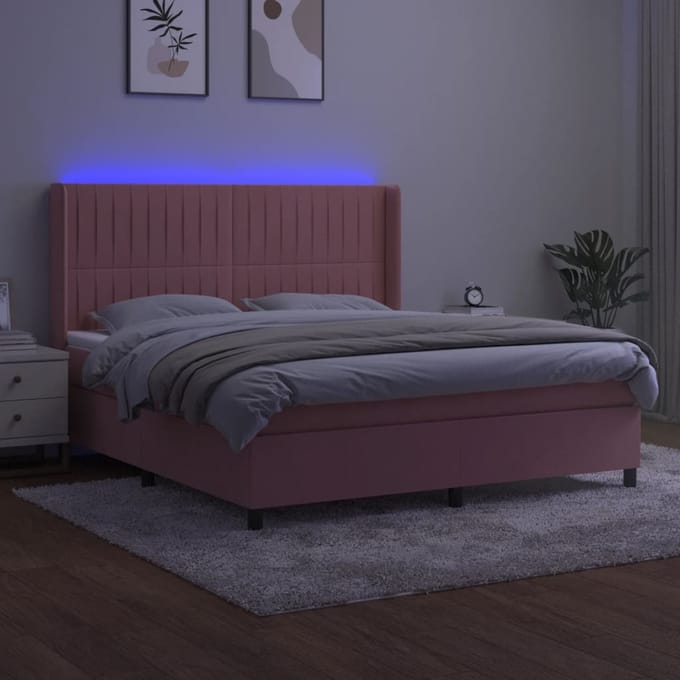 vidaXL - Boxspring - met - matras - en - LED - fluweel - roze - 180x200 - cm