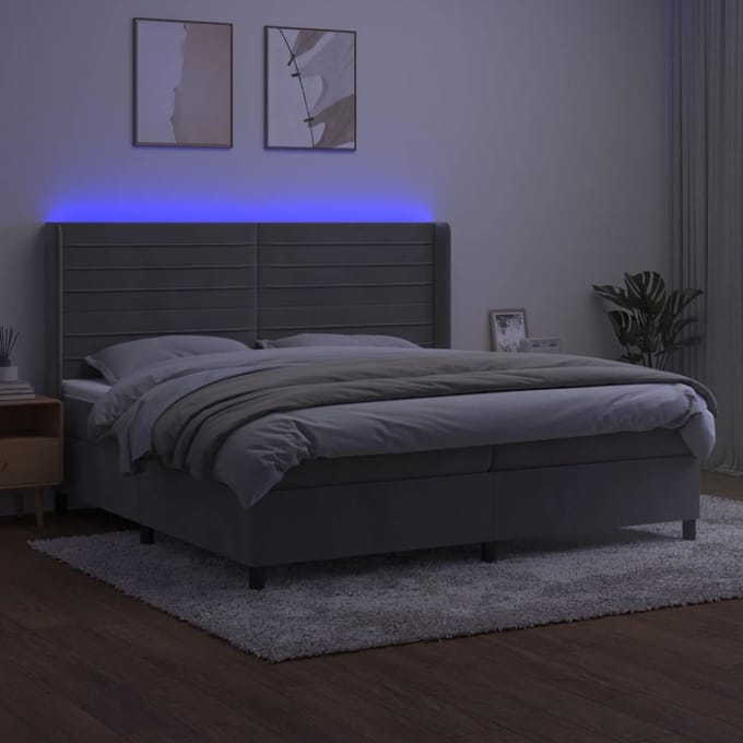 vidaXL - Boxspring - met - matras - en - LED - fluweel - lichtgrijs - 200x200 - cm