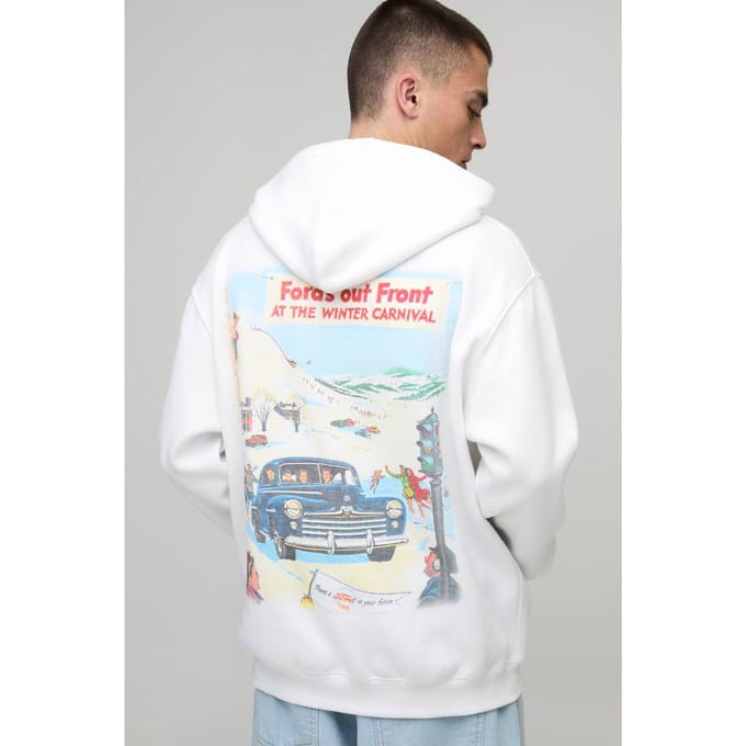Witte Oversized Ford Winter Carnival licentie bedrukt hoodie | White | Size Medium