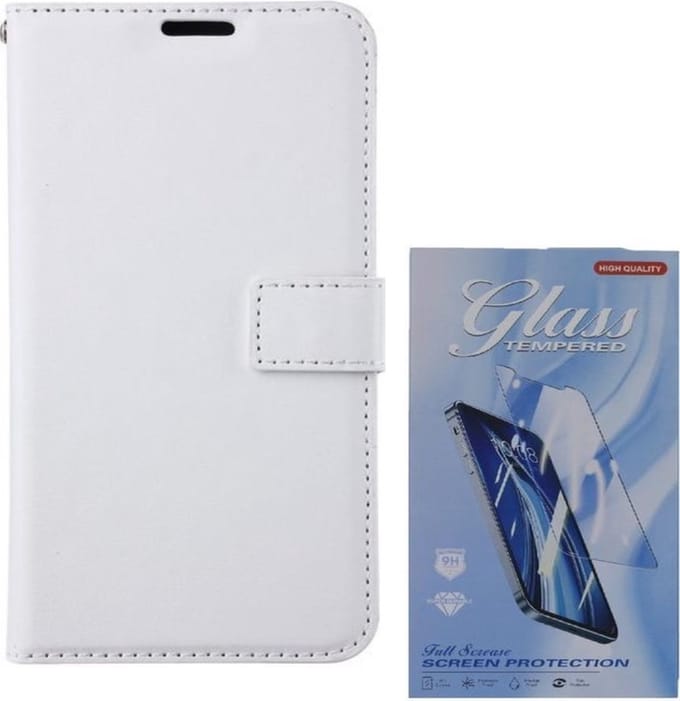 Bookcase Geschikt voor: iPhone 12 - Wit - Portemonnee hoesje + 2X Tempered Glas Screenprotector