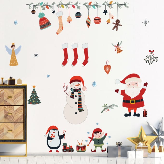 Kerststicker met de Kerstman en kerstelementen - Kerststickers - feestversiering - 110x145cm