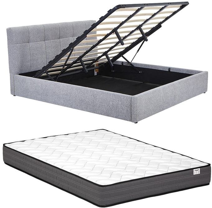 Vente-unique Bed met opbergruimte stof grijs 180 x 200 cm (Super King Size Bed)