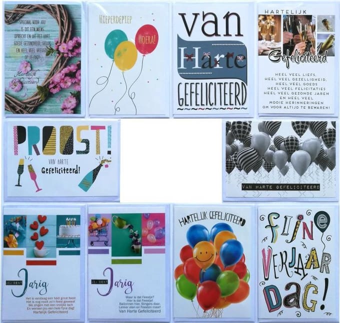 Verjaardag Wenskaarten - 10 Stuks - Gefeliciteerd - 12 x 17 cm - L-132
