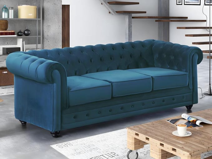 Vente-unique Driezitsbank CHESTERFIELD - velours - groenblauw