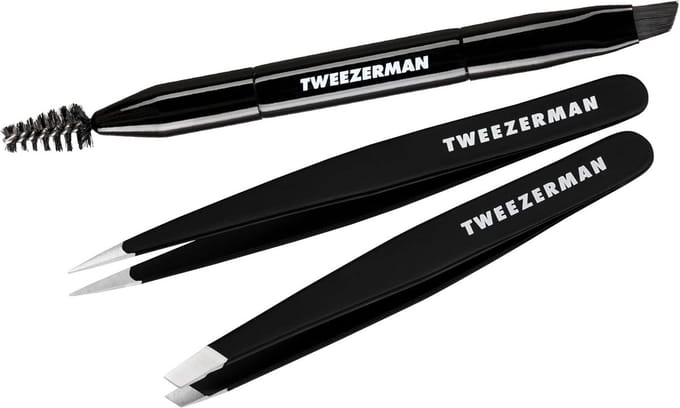 TWEEZERMAN Eyebrow Styling Tweezers Set (3-Piece Picking Set with Brush and Two Tweezers), Black