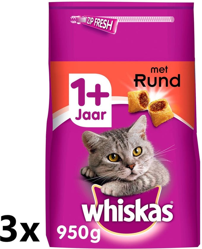 3x Whiskas - 1+ Adult Rund - Kattenvoer Droogvoer - 800 g