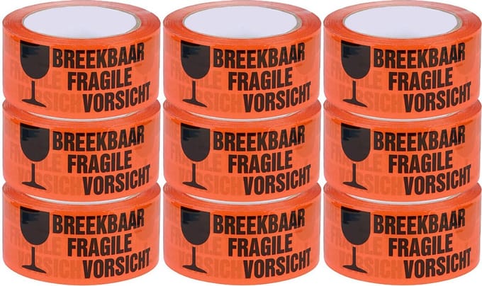 Waarschuwingstape - PP Acryl Tape - Breekbaar - 50 mm x 60 meter - 9 stuks