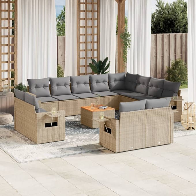 vidaXL - 13-delige - Loungeset - met - kussens - poly - rattan - gemengd - beige