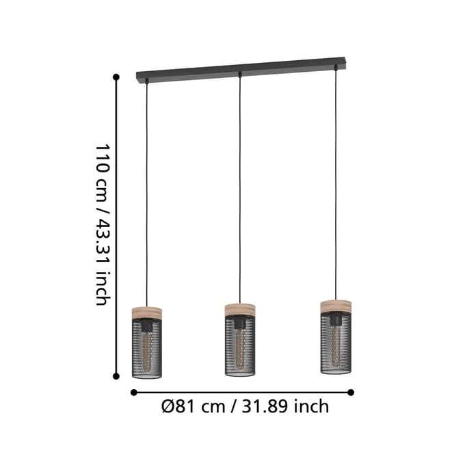 EGLO Kilnsdale Hanglamp - E27 - 81 cm - Hout|Staal - Zwart|Bruin