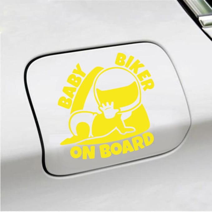 Bumpersticker - Baby Biker On Board - 12 X 12 - Geel