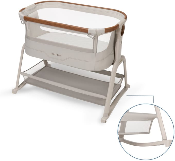 Maxi-Cosi Iora Plus Co-sleeper - Elegance Beige - 100% gerecyclede stoffen - Schommelfunctie - Rollende wielen - Dik matras