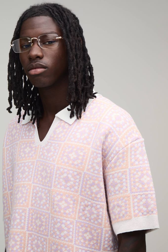 Oversized Boxy Crochet Square Knitted Polo T-Shirt | Pink | Size Small
