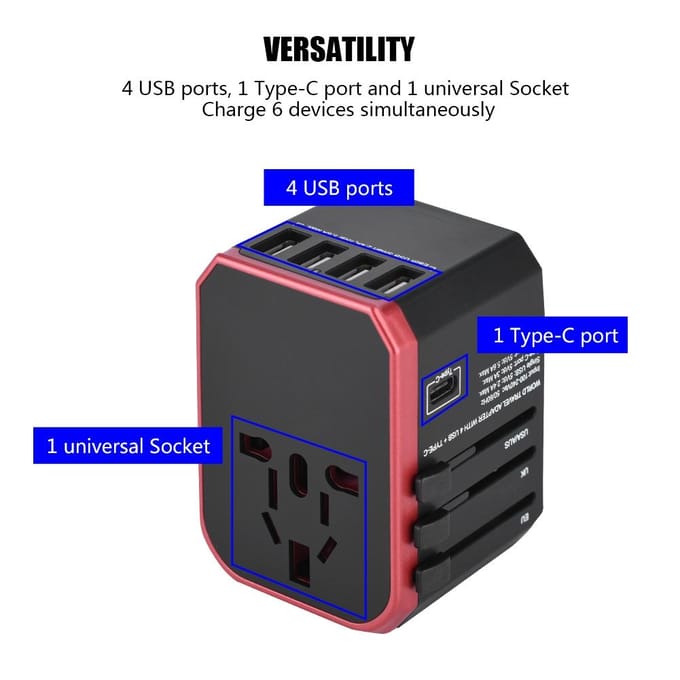 Universele Reisadapter Stekker 4 USB-poorten Type C Stopcontacten Converter voor (Rood) black