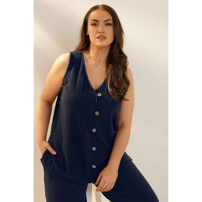 Yours Gilet Met Textuur En Knoopsluiting In Donkerblauw Size 46