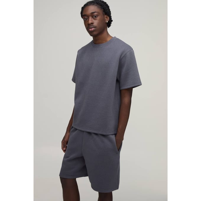 Boxy Micro-diamant Gequilte T-shirt & Baggy Shorts Set | Charcoal | Size Medium