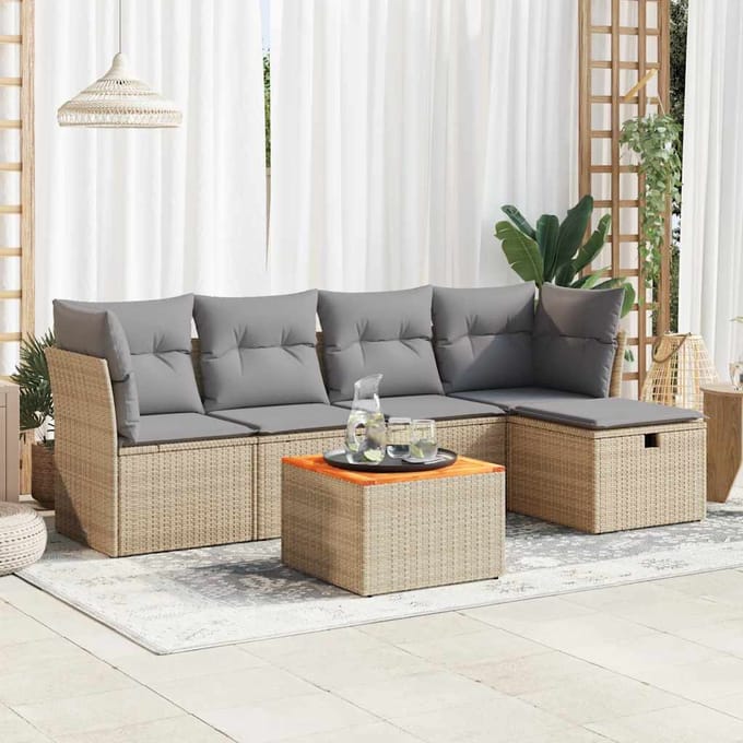 vidaXL - 6-delige - Loungeset - met - kussens - poly - rattan - beige