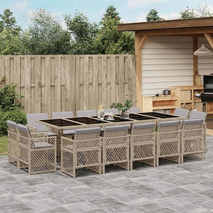 vidaXL - 15-delige - Tuinset - met - kussens - poly - rattan - gemengd - beige