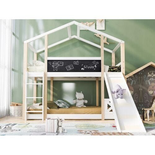 ModernLuxe Cabine stapelbed 90x200cm - met ladder en glijbaan - grenen frame - wit