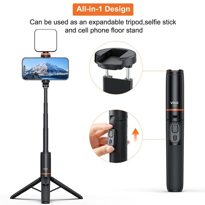VRIG TP-19 Uitschuifbaar Selfie Stick Statief voor Telefoon Max. Lengte 59.5cm/23.4in met Afstandsbediening zwart