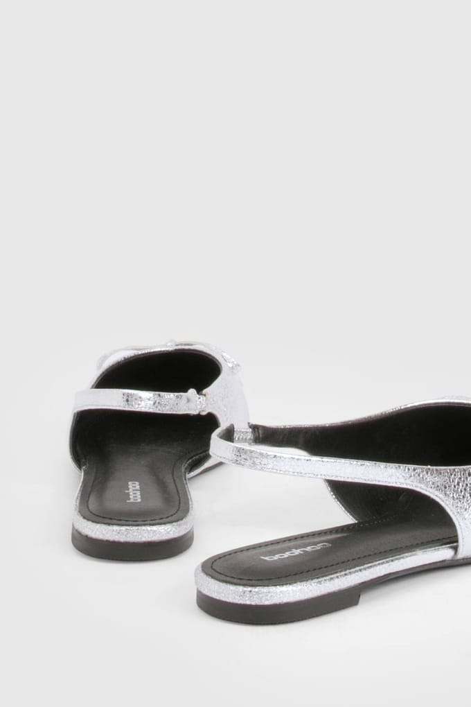 boohoo Dames Slingback Ballerina's met Strikdetail en Spitse Neus | Zilver | Maat: 38